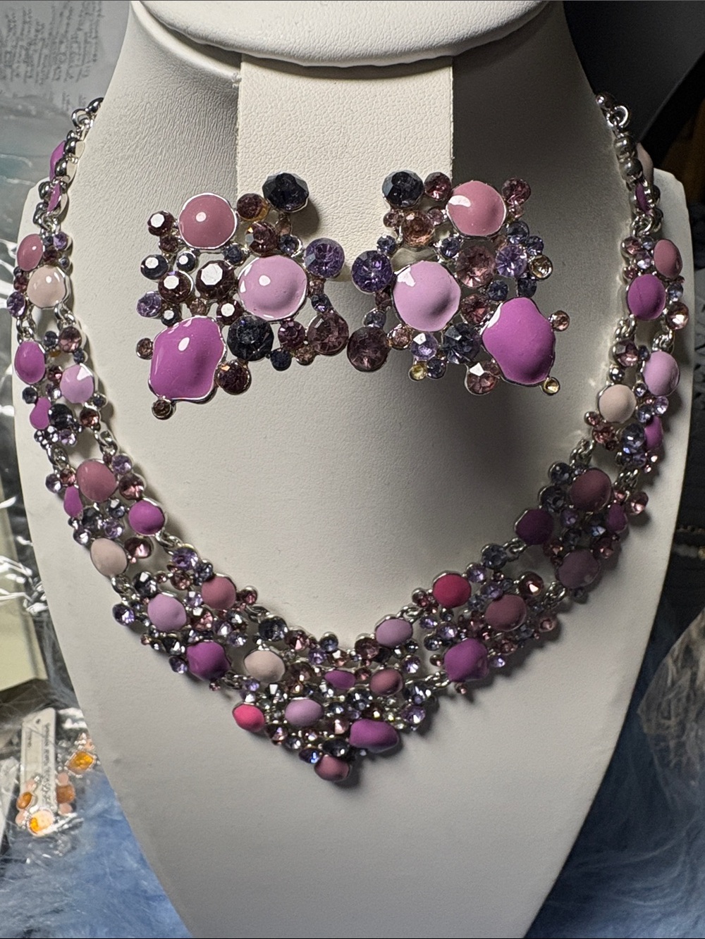 Pink & Purple Crystal Cluster Necklace and Earring Set - Women Jewelry